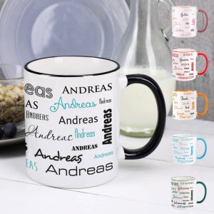 Tasse mit Ihrem Namen in verschiedenen Schriftarten und Farben