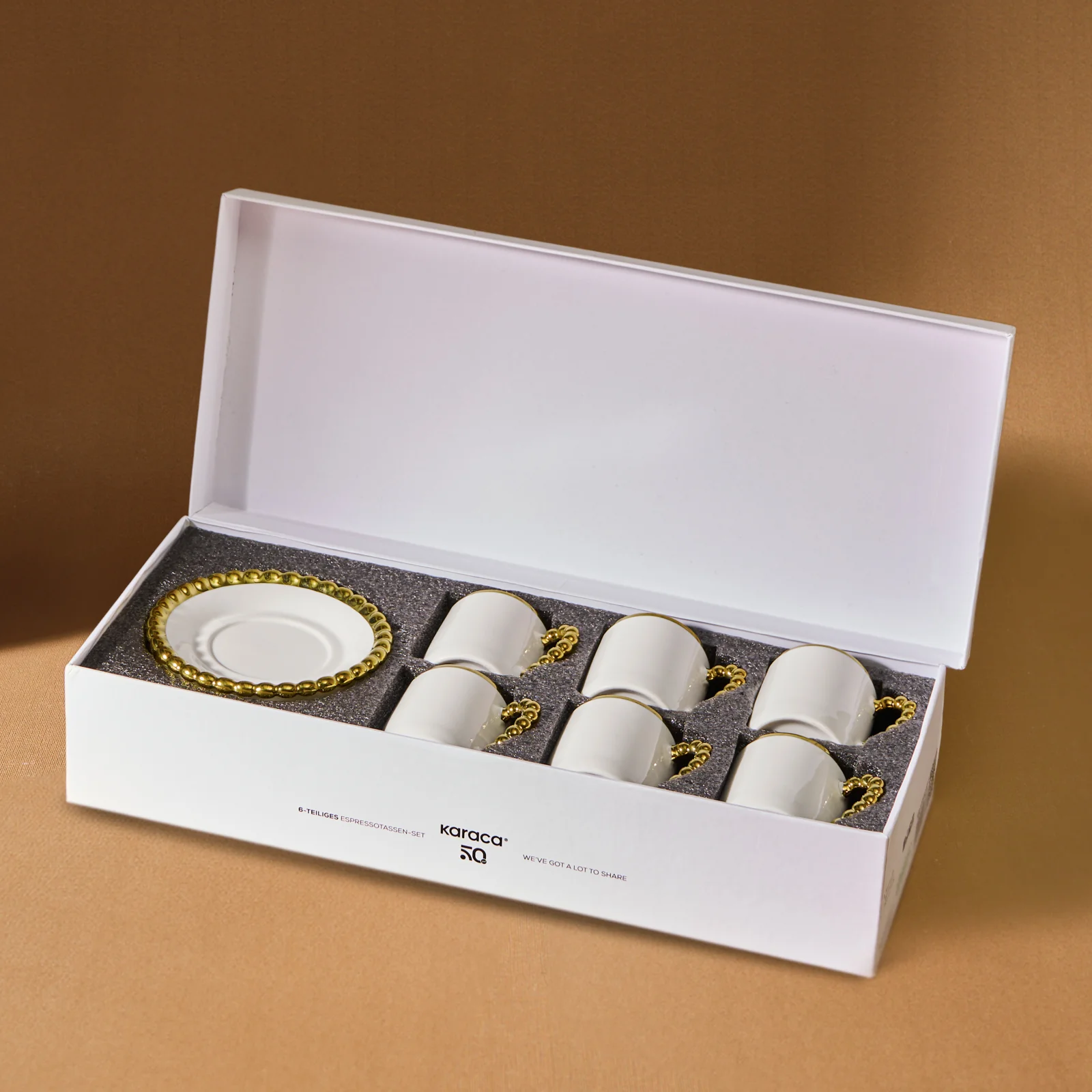 Karaca Boncuk 12-teiliges Bone China Espresso Türkisch-Kaffeetassen-Set für 6 Personen, 80 ml, Weiß Gold – Bild 7