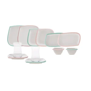 Karaca Tiny Rim für 6 Personen Frühstücksset und Servierschalen, 26 Teilig, Rosa Grün