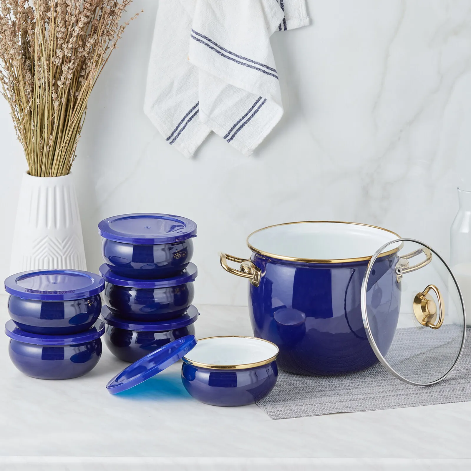 Karaca Retro 8-teiliges emailliertes Joghurt-Fermentier-Set Marineblau – Bild 2