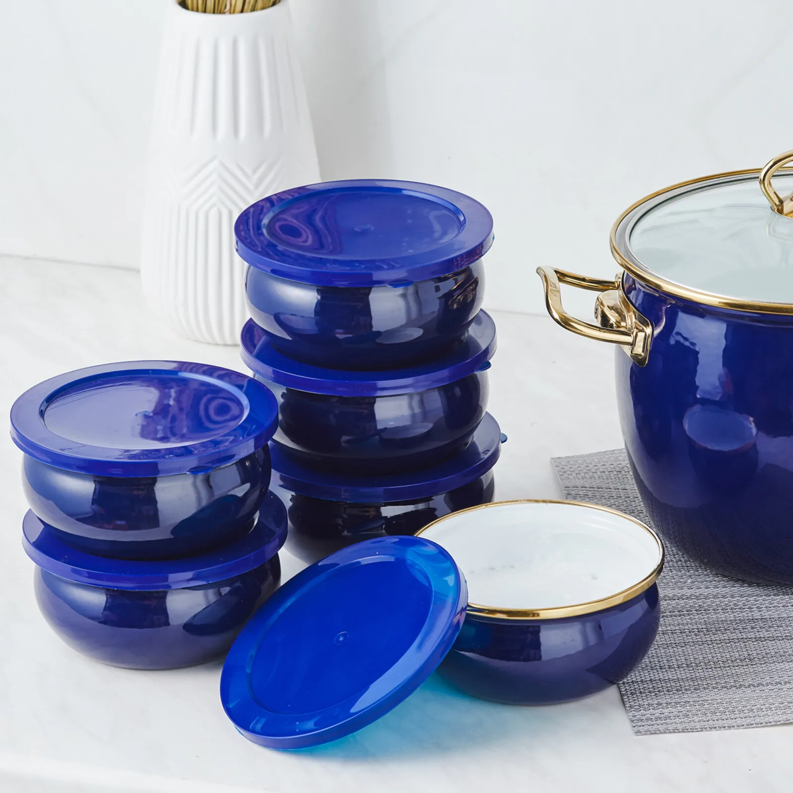 Karaca Retro 8-teiliges emailliertes Joghurt-Fermentier-Set Marineblau – Bild 4