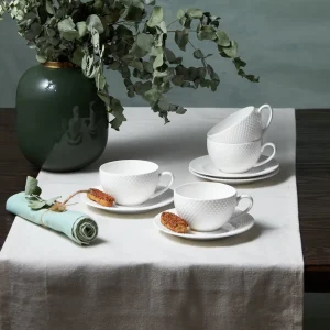 Karaca Punto für 4 Personen Teetasse und Untertasse Set, 8 Teilig, New Generation Bone, Weiß, 220ml