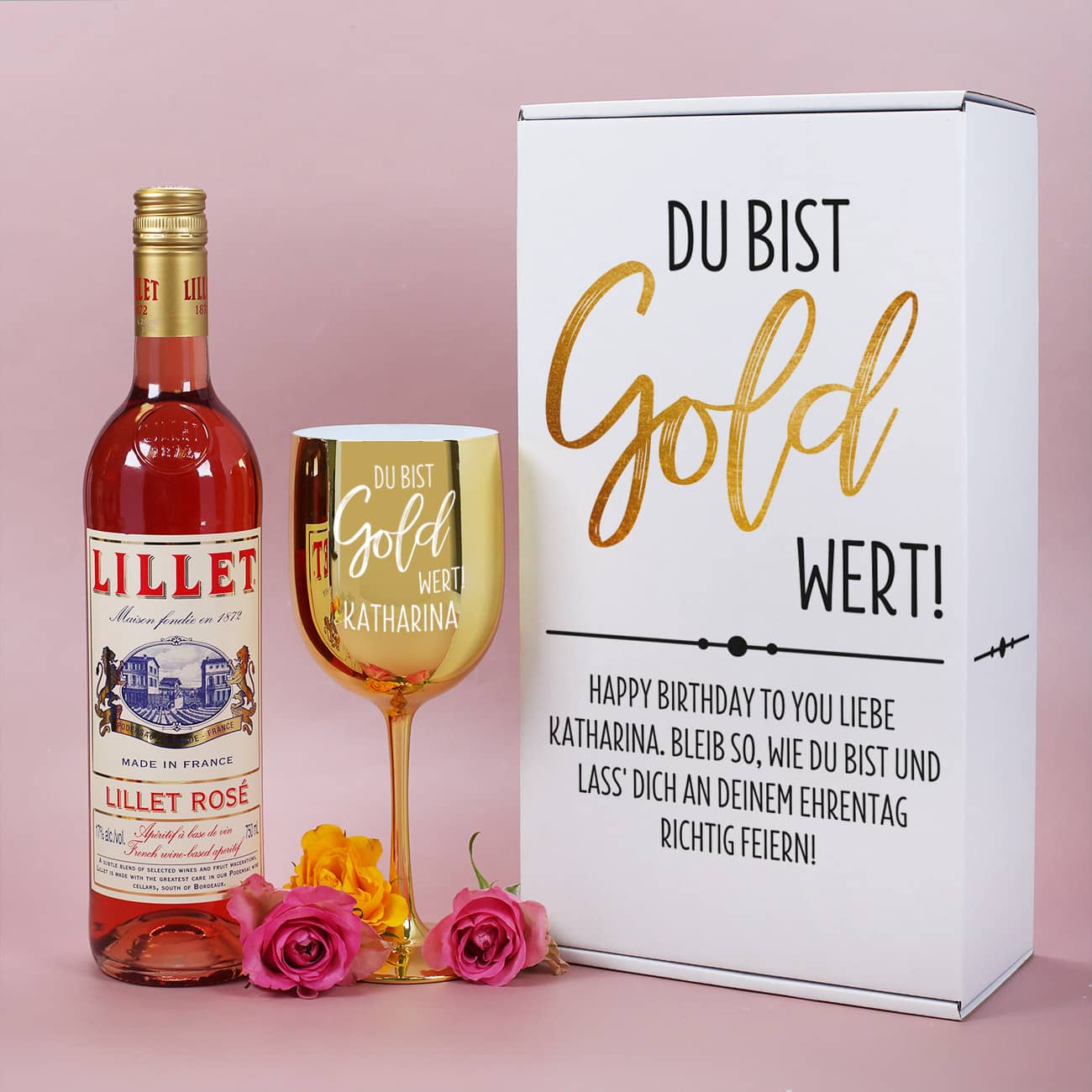 Du bist Gold wert! - Lillet Geschenkset mit Trinkkelch und Präsentbox – Bild 5