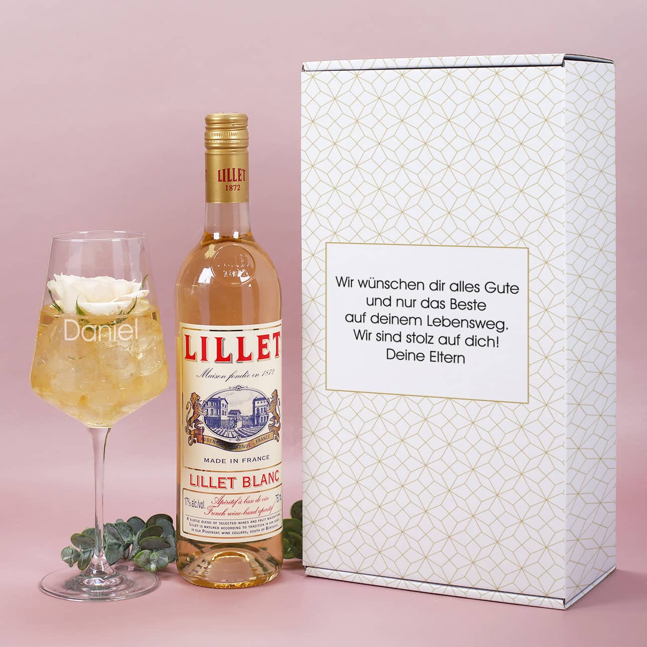 Lillet Geschenkset mit graviertem Weinglas für verschiedene Anlässe