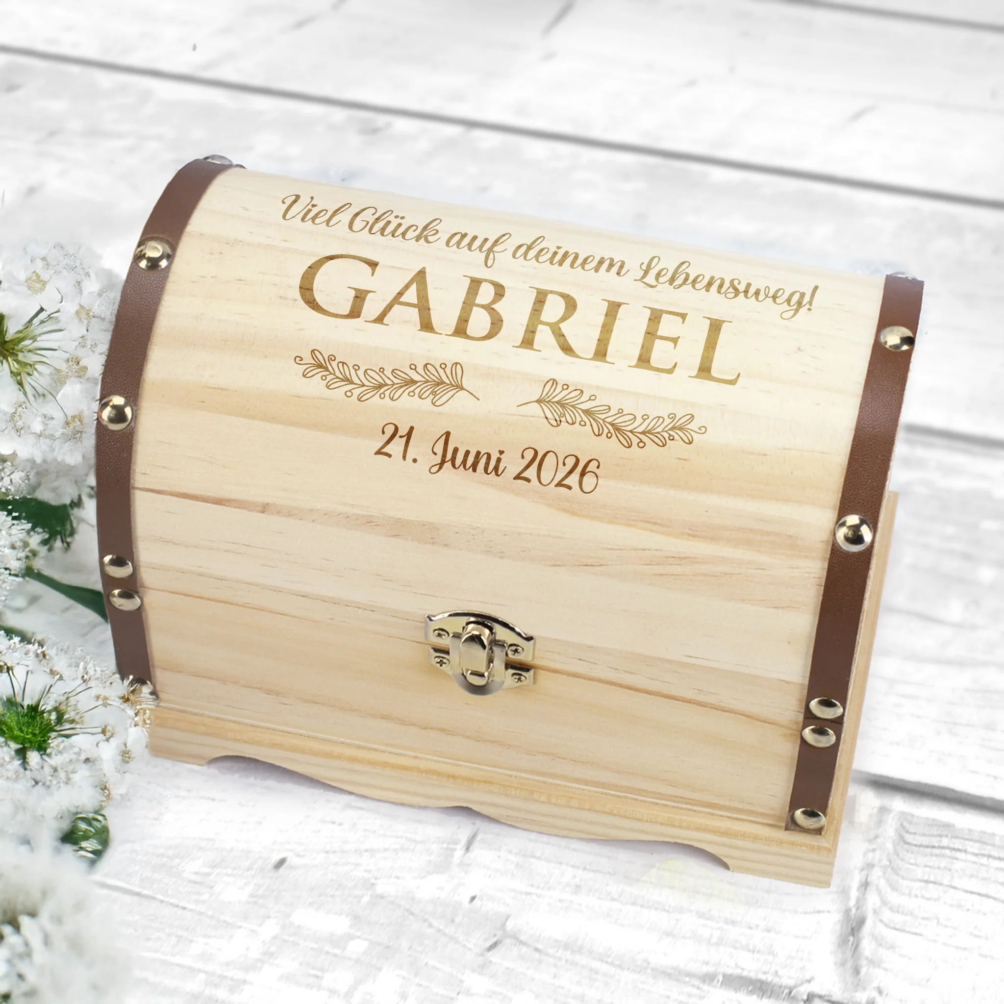 Schatztruhe zur Hochzeit, Jugendweihe, Kommunion und anderen Anlässen | Wunschtext & Zweige | 3 Größen – Bild 2